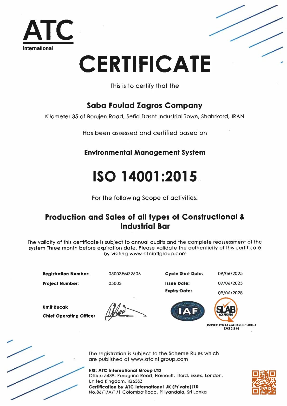 ISO 14001 certificate